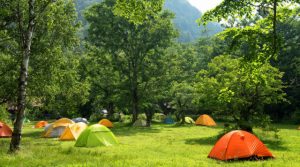 キャンプ場にいくつかのテントが張られている